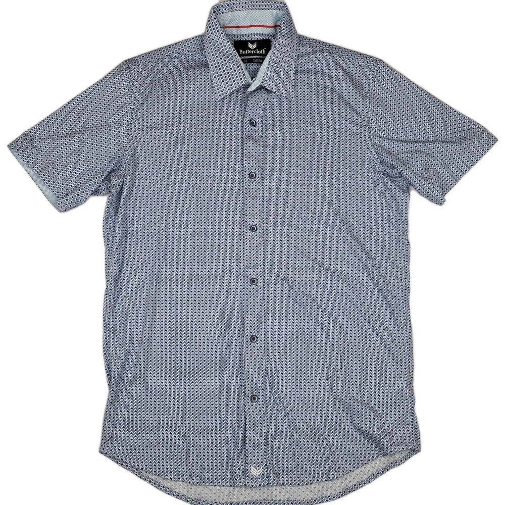 Buttercloth Shirt Mens Medium Blue Geometric Tall Fit Stretch Cotton Preppy